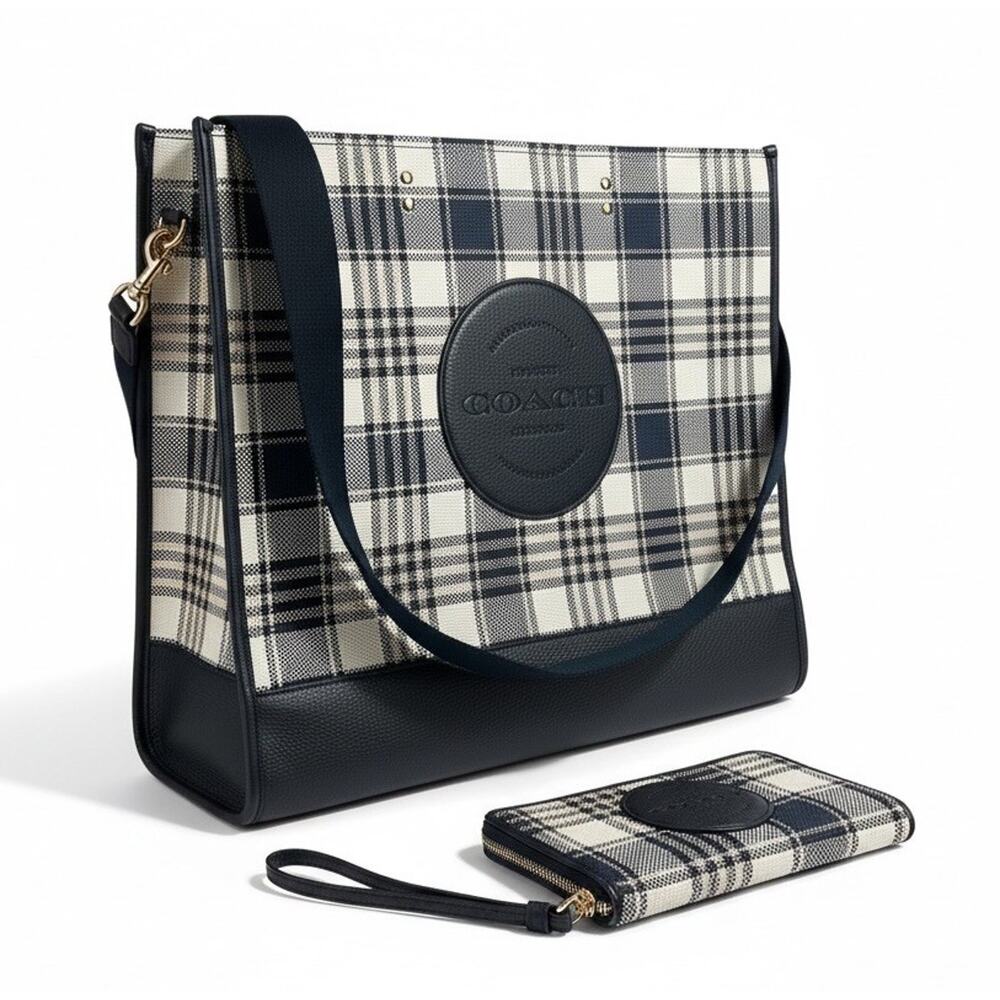 Coach Dempsey Garden Plaid Large Tote Bag W/ Matching Wallet in Navy Blue EUC - Picture 16 of 16